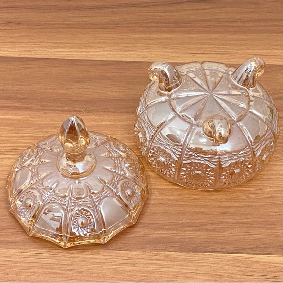 Iridescent Gold Crystal Carnival Glass Footed Flower Relief Lidded Candy Dish - Picture 7 of 12